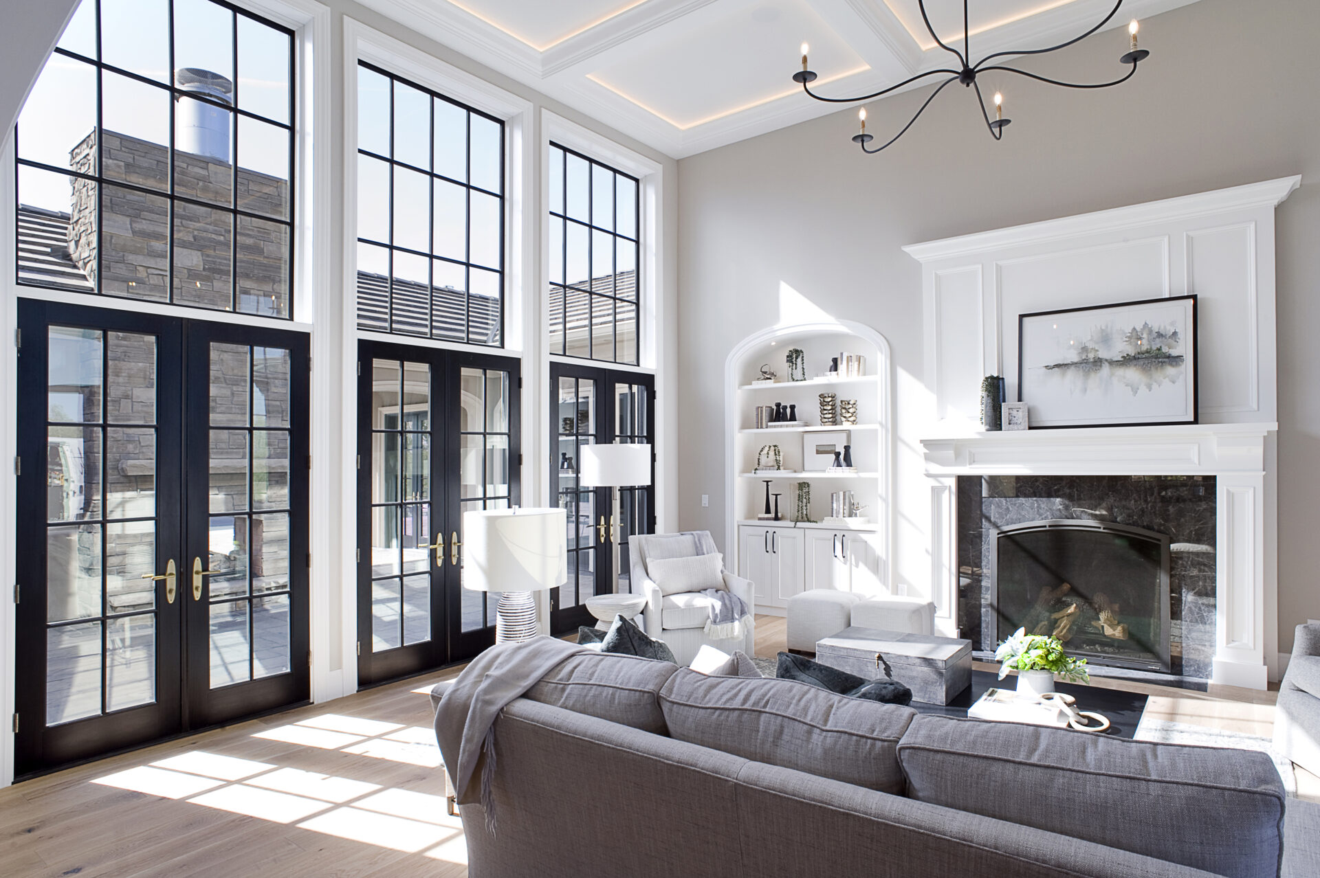 Interior living room with tall windows